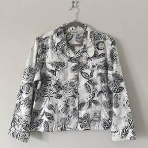 Chicos Cotton Jacket Womens 2 L White Black Floral Abstract Sequin Coat